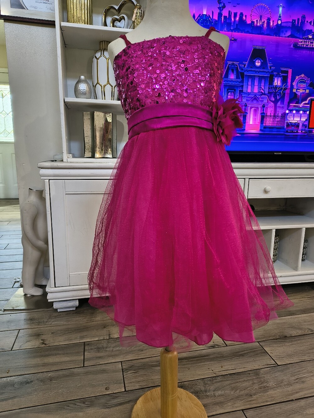 Fuchsia Sequin Tulle Party Dress with Bow